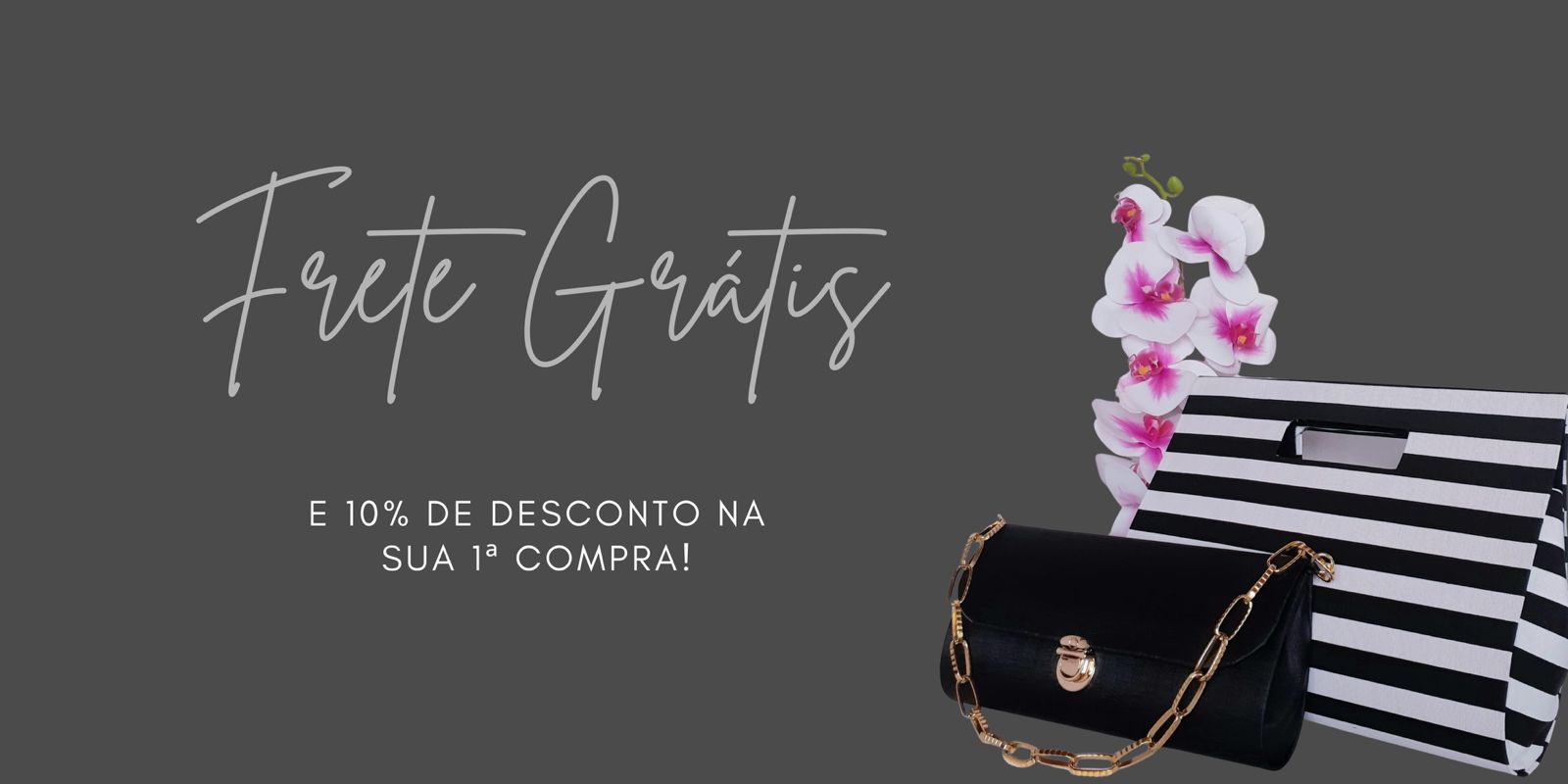 Banner de Frete Grátis e 10% de desconto na primeira compra com bolsas e flores